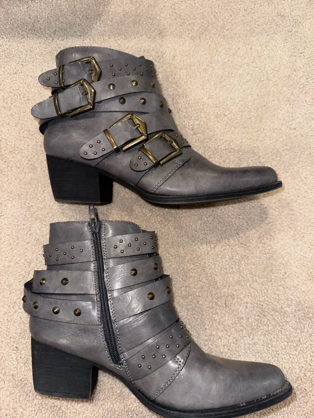 Gray Studded Buckle Ankle Boots - Women